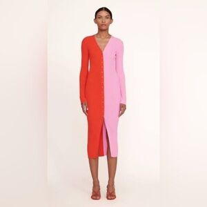 STAUD Shoko Red and Pink Long Sleeve Sweater Dress